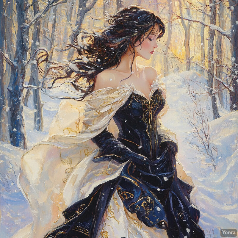 A woman stands in the snow, looking down at something on the ground.