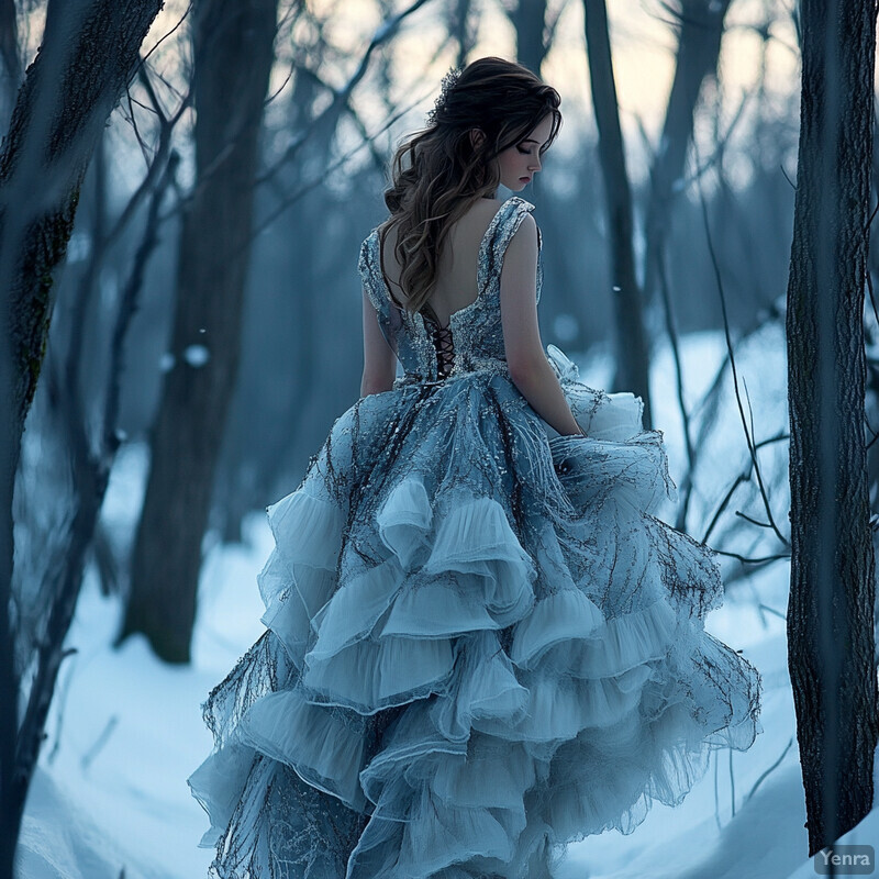 A woman stands in a snowy forest, lost in thought as she gazes downward.