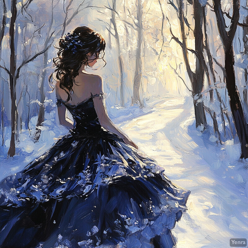 A serene winter scene featuring a woman in a dark blue dress walking along a snow-covered path.