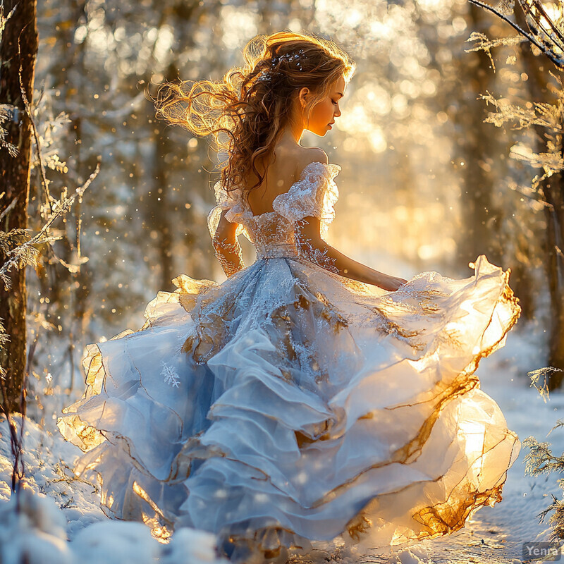 A serene winter scene featuring a woman in a flowing white dress standing amidst snow-covered trees and bushes