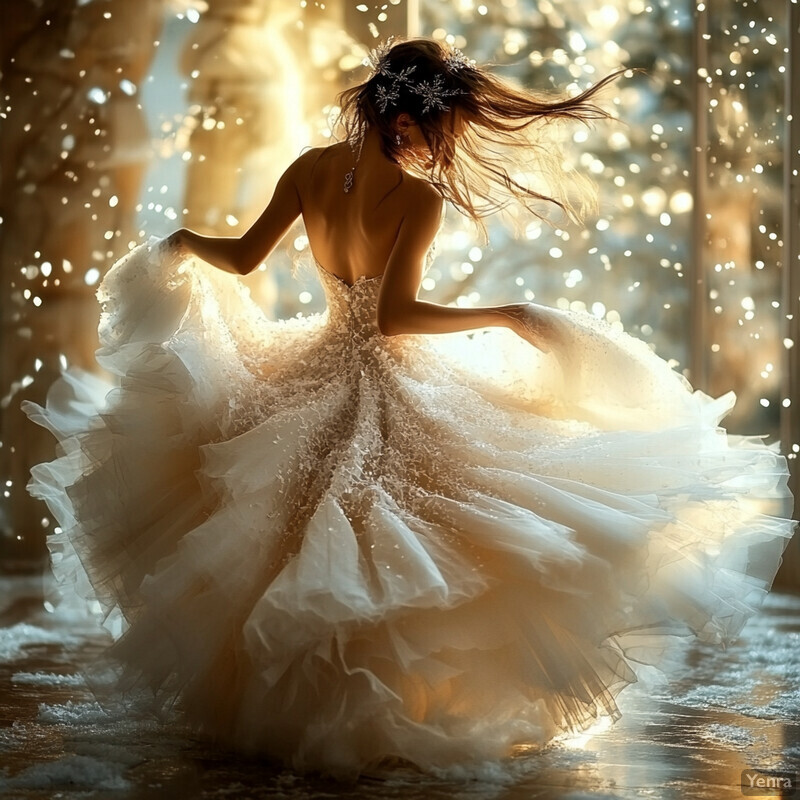 A woman in a wedding dress dances on a reflective floor.