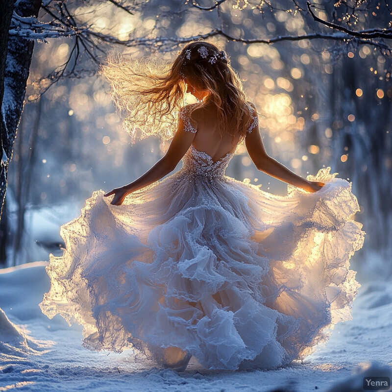 A woman in a wedding dress stands in the snow, embracing nature's beauty.