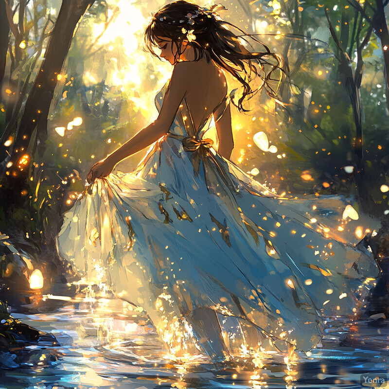 A serene and enchanting scene of a woman standing in a stream, surrounded by lush greenery and vibrant flowers.