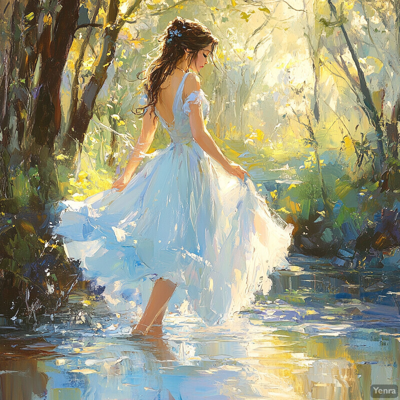 A serene painting of a woman standing in a stream, surrounded by lush greenery and vibrant flowers.