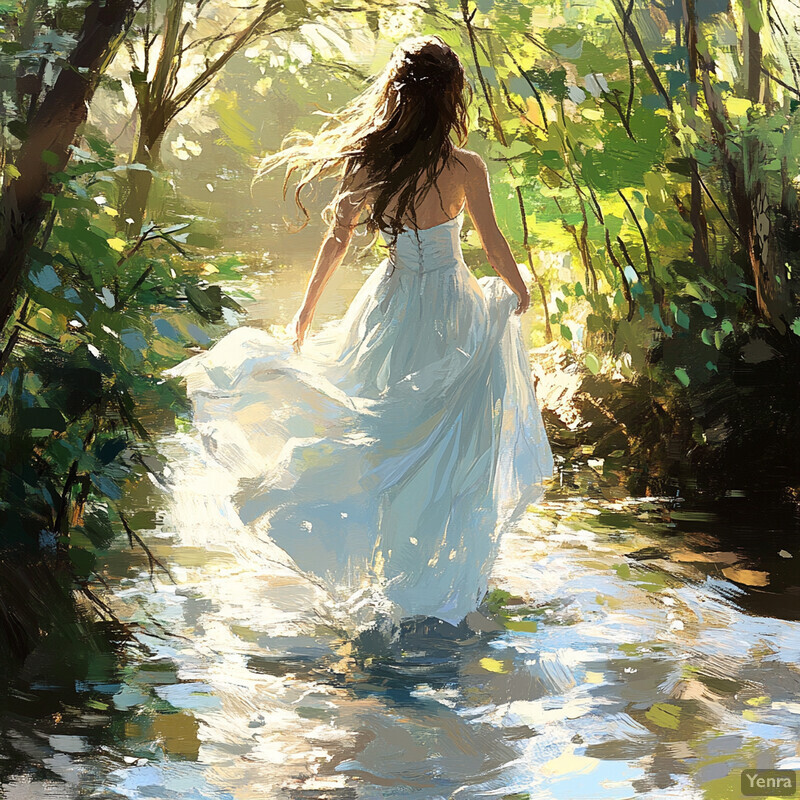 A serene and idyllic scene of a woman in a white dress standing by a stream