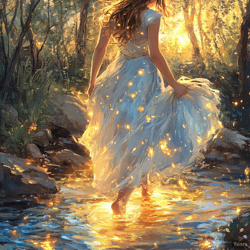 A serene scene of a woman standing by a stream, surrounded by lush greenery and warm sunlight.