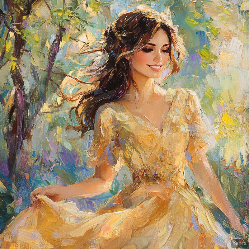 A serene painting of a woman in a yellow dress sitting on a tree stump in a lush forest