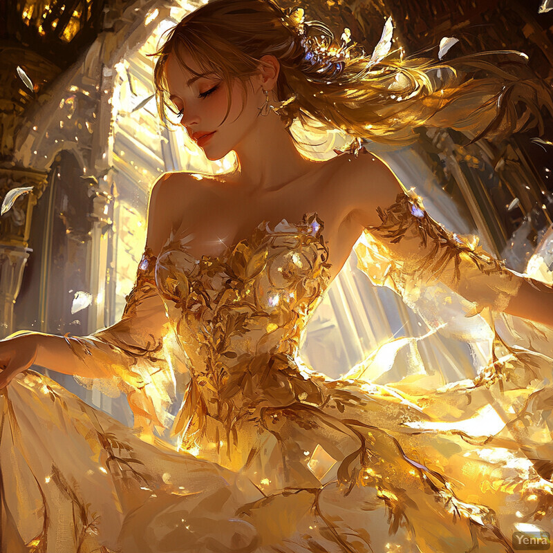 A woman in a golden dress poses confidently in front of a cityscape, exuding power and sophistication.