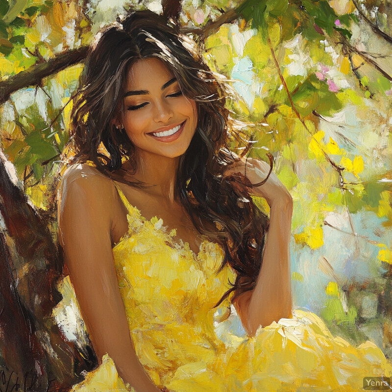 A serene painting of a woman in a yellow sundress sitting under a tree