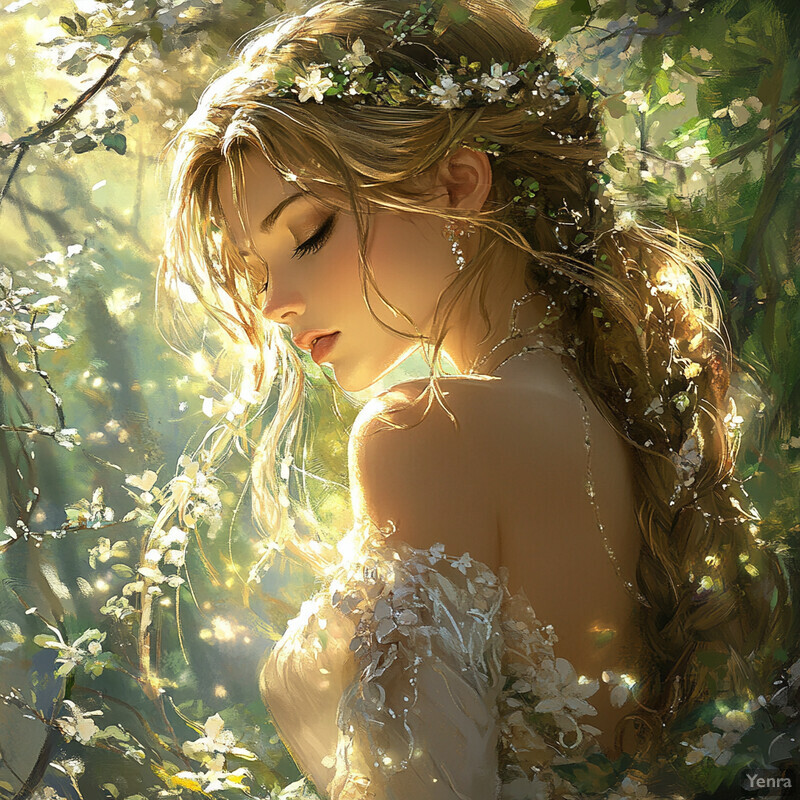 A serene and idyllic scene of a woman surrounded by lush greenery