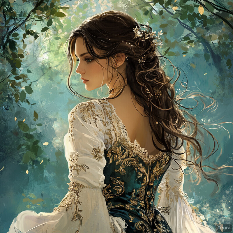 A woman in a white dress stands in front of a forest backdrop, lost in thought with a golden necklace and earrings.