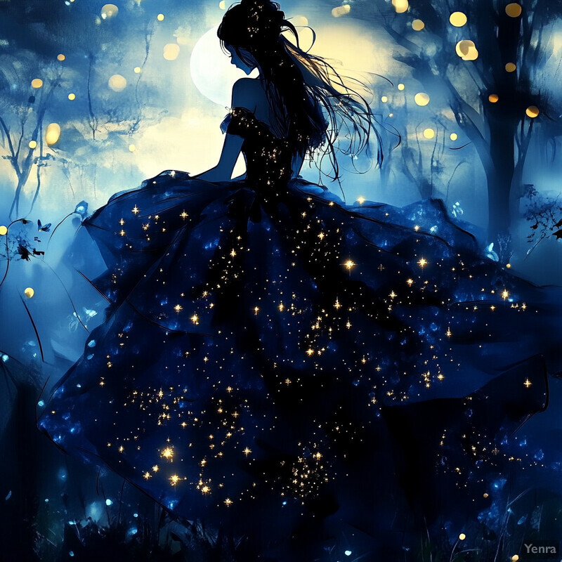 A woman surrounded by fireflies in a forest under a full moon