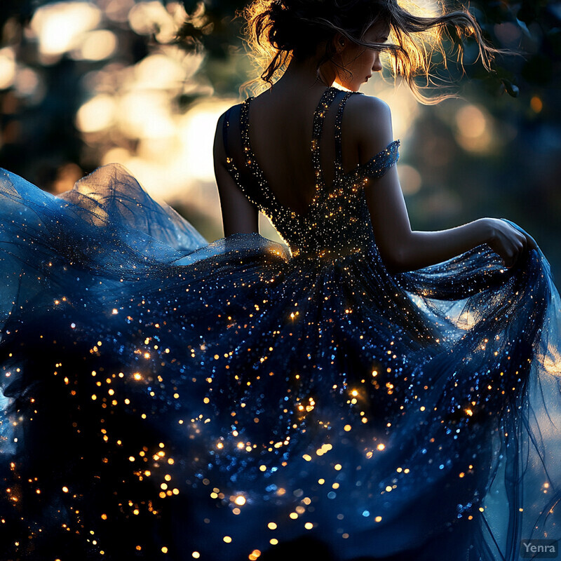 A woman poses elegantly outdoors in a blue dress with intricate sparkly details, her long hair styled in loose waves.