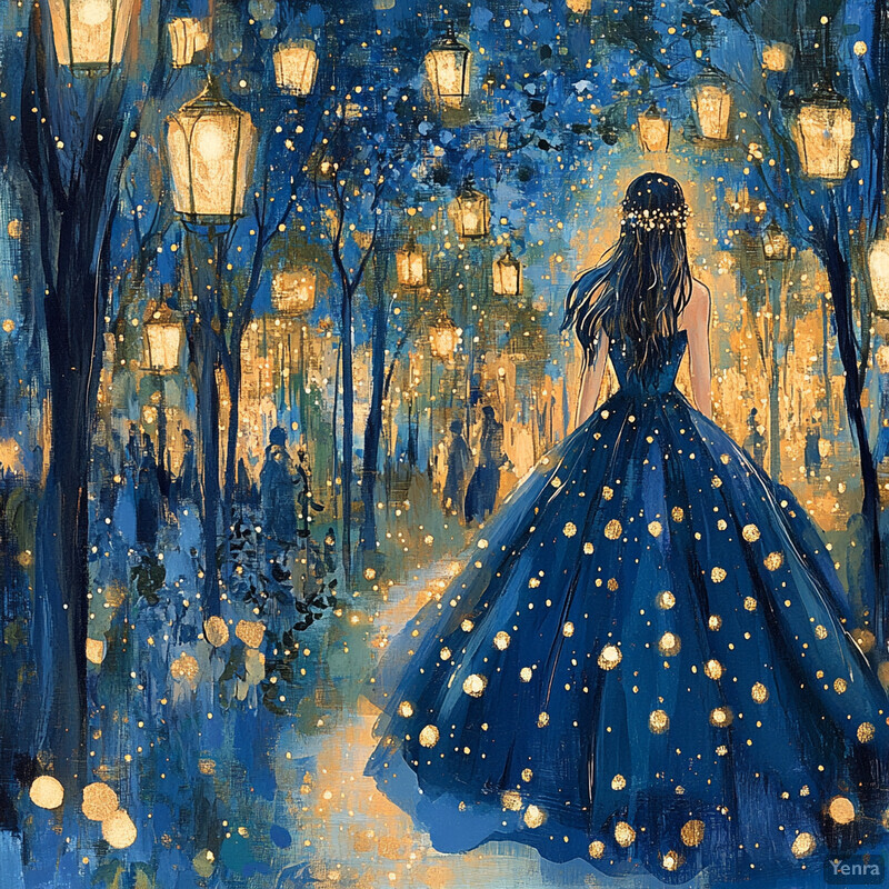 A woman in a blue dress walks through a forest at night surrounded by lanterns and trees.