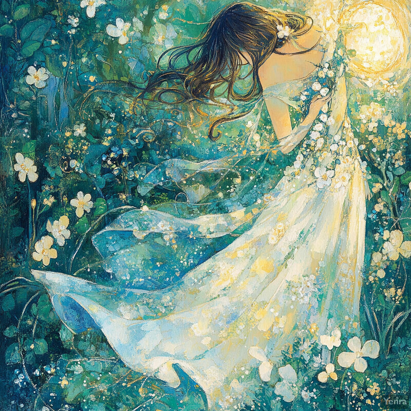 A serene and peaceful painting of a woman surrounded by nature