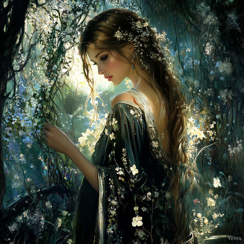 A woman stands in a forest, surrounded by lush greenery and vibrant flowers.