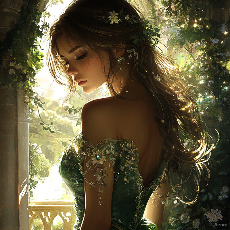 A woman with long brown hair adorned with flowers and vines wears an intricately designed dress featuring gold accents and green leaves.