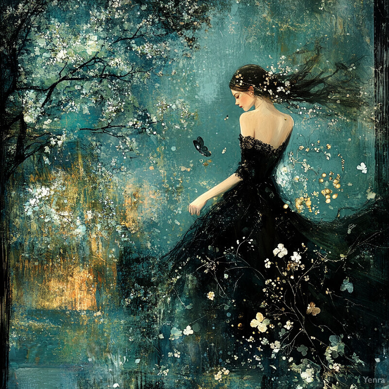 A serene and enchanting scene featuring a woman in a black dress amidst a lush forest with a butterfly nearby