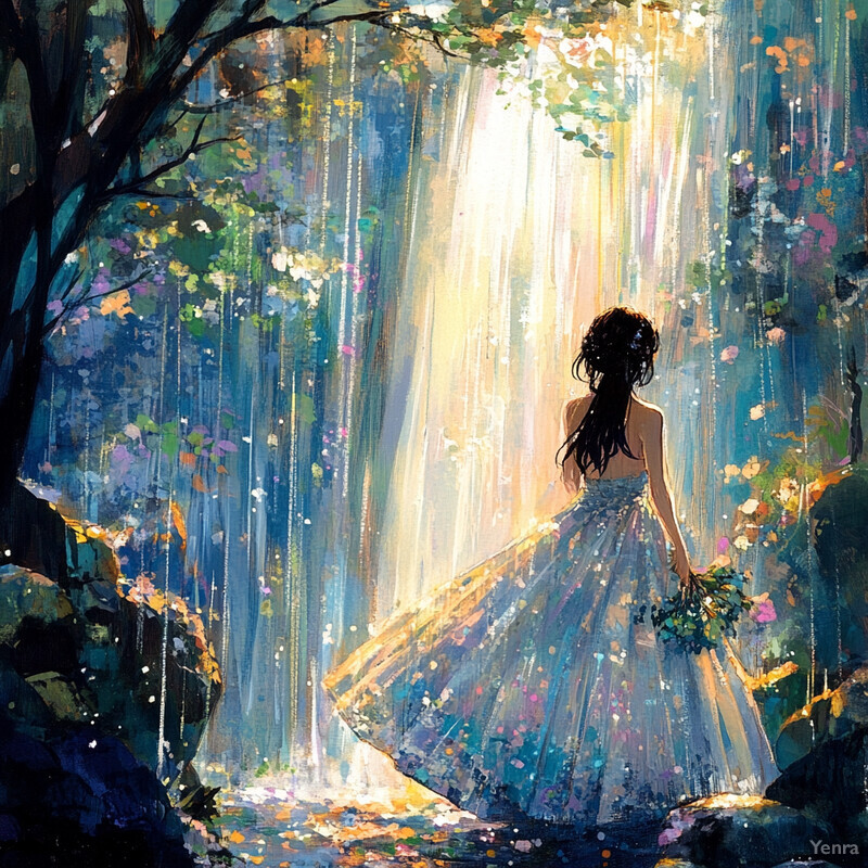 Woman in white dress by waterfall