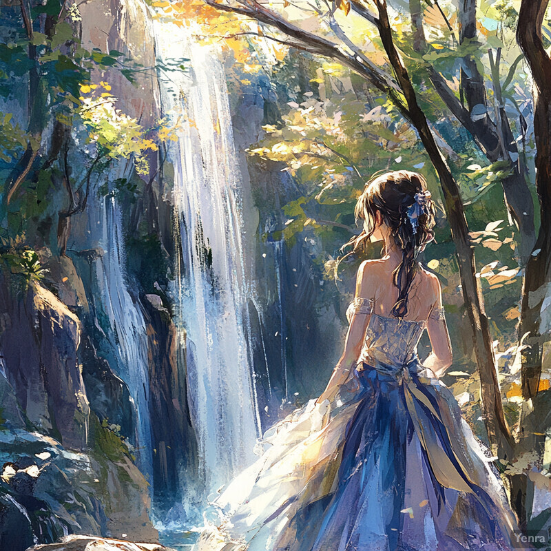 A serene scene of a woman standing in front of a majestic waterfall, surrounded by lush greenery.