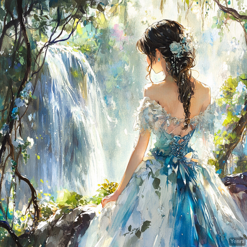 A woman stands in front of a waterfall, surrounded by lush greenery.