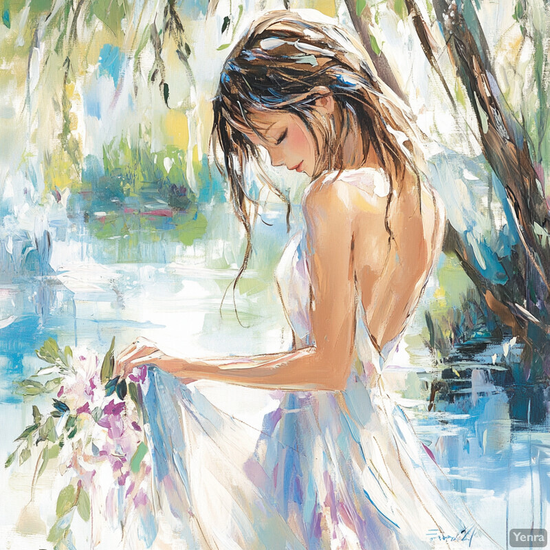 A serene painting of a woman in a white dress standing by a body of water surrounded by greenery and flowers