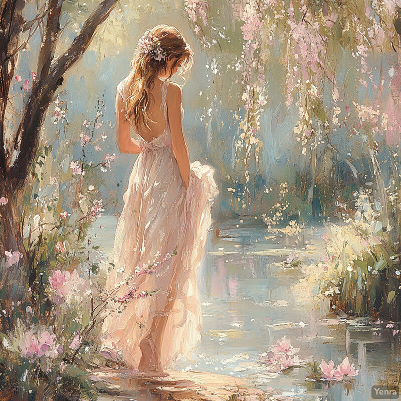 A woman stands on a small wooden bridge over a tranquil pond, surrounded by lush greenery and vibrant flowers.