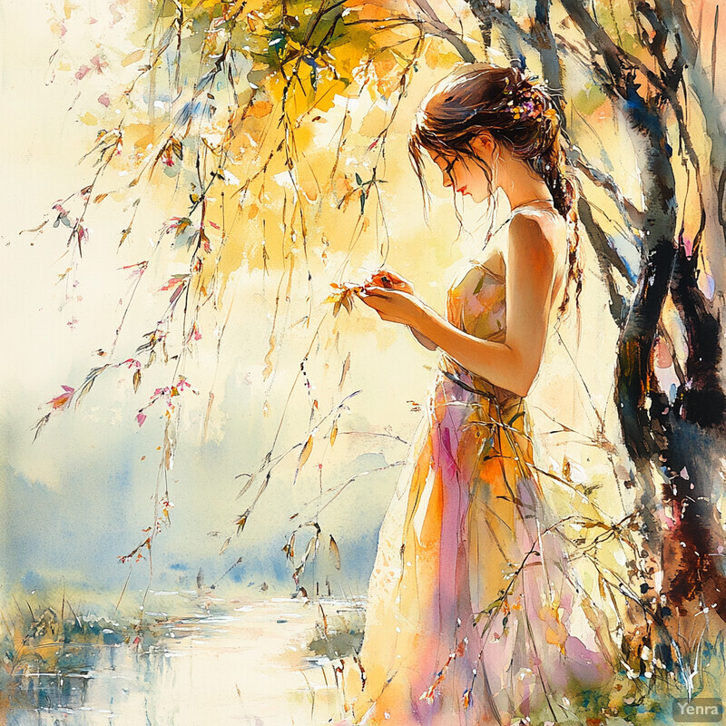 A serene and enchanting scene of a woman standing by a riverbank surrounded by lush greenery and vibrant flowers.