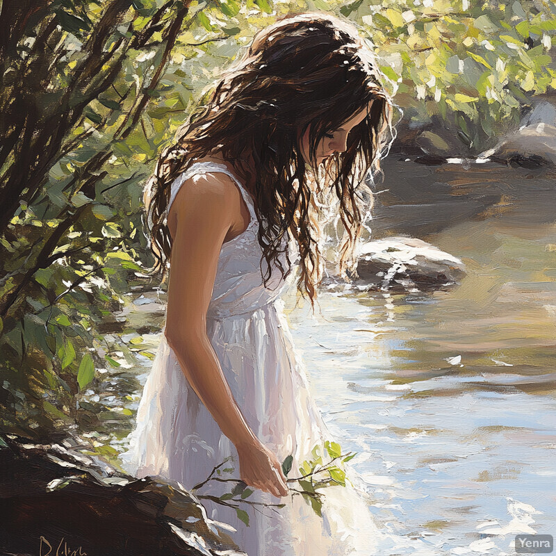 A serene and idyllic scene of a woman standing by a body of water, surrounded by lush greenery and vibrant flowers.