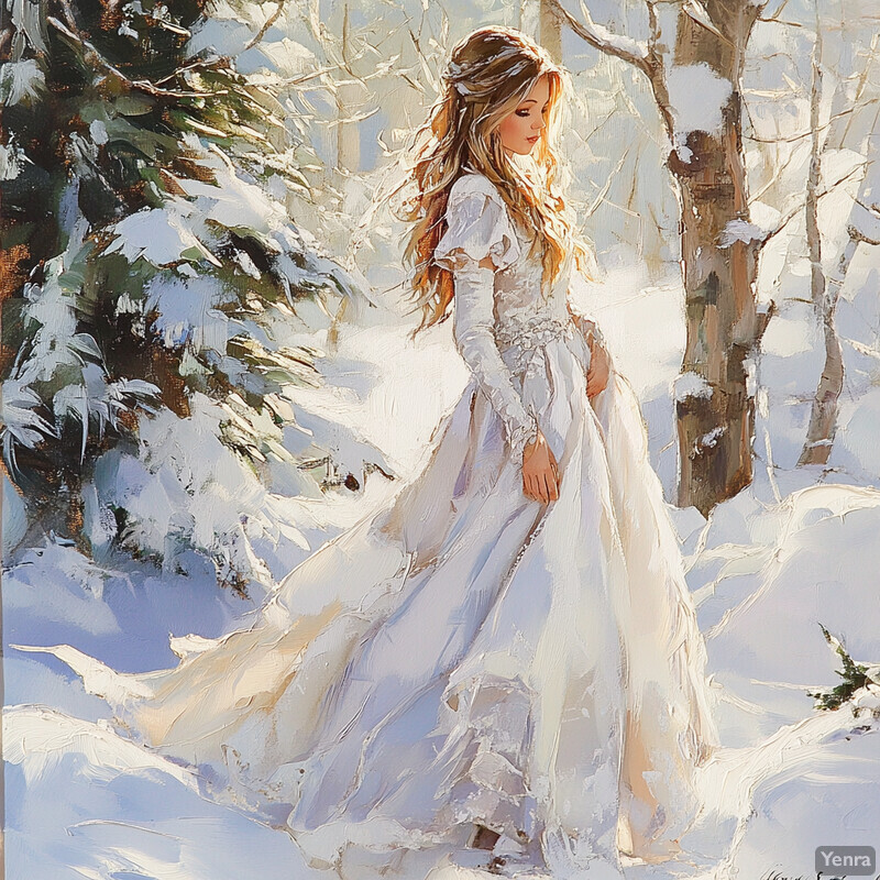 A woman in a white dress stands in a snow-covered winter landscape, surrounded by trees and bushes.