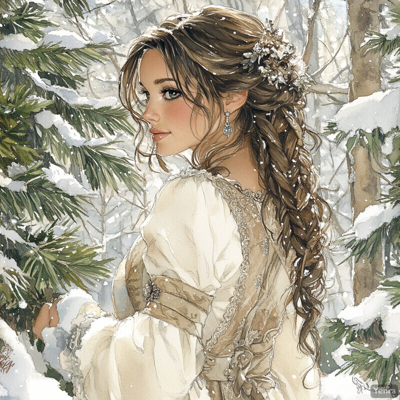 A woman stands amidst snow-covered trees and branches, wearing a white dress adorned with lace details and a snowflake-shaped brooch in her hair.