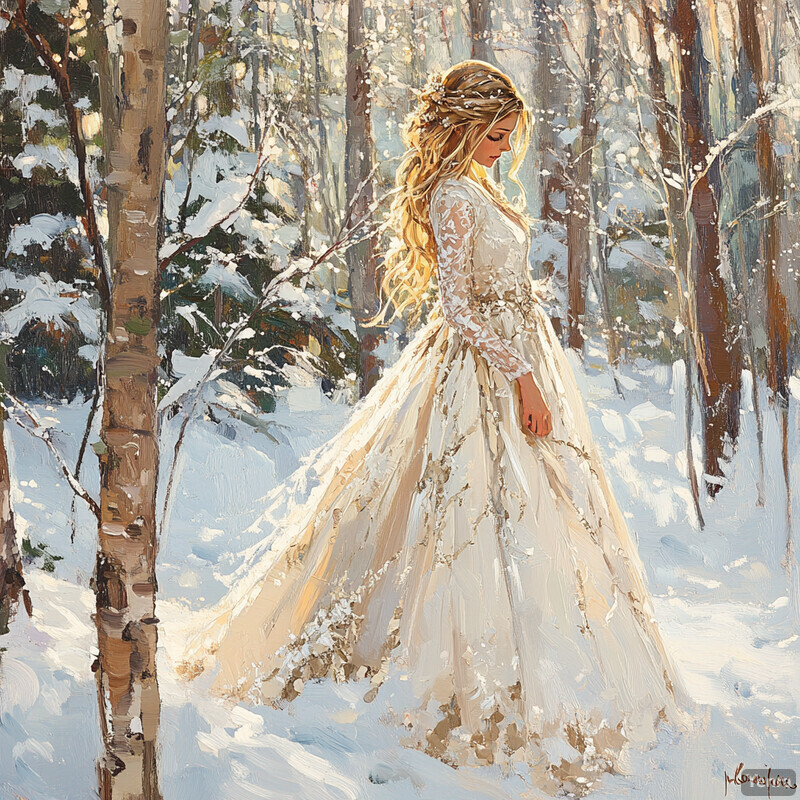 A serene winter scene featuring a woman standing amidst snow-covered trees and bushes, lost in thought with a flowing white dress and long blonde hair.