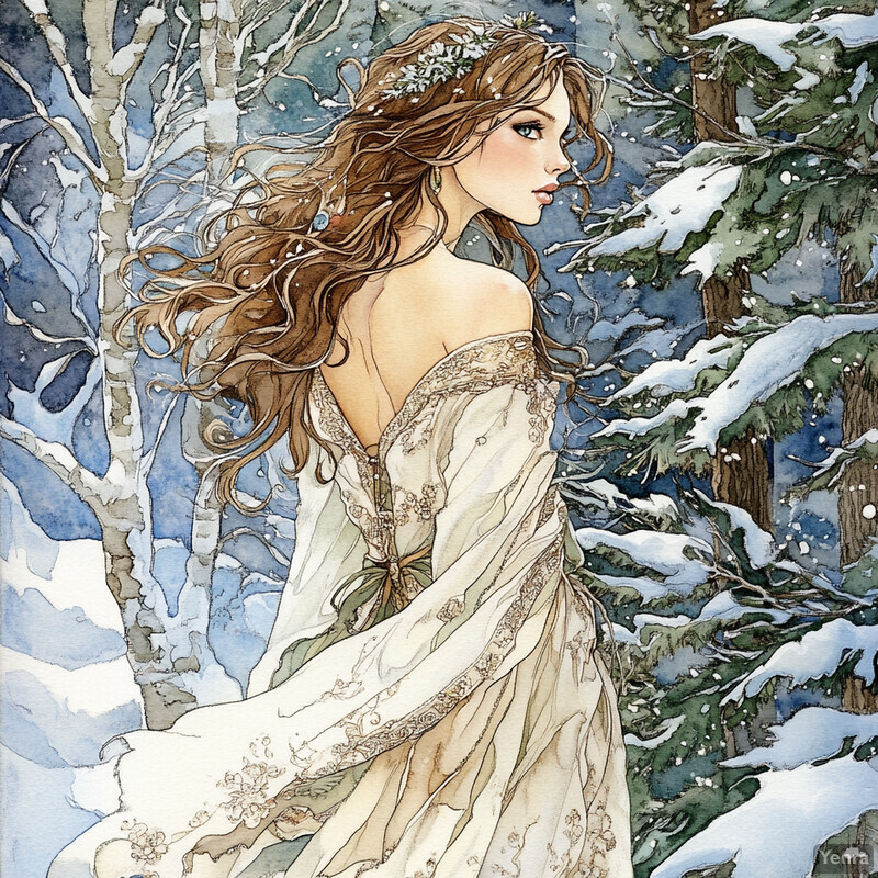 A woman in a white dress stands in a snowy forest, exuding peace and tranquility.