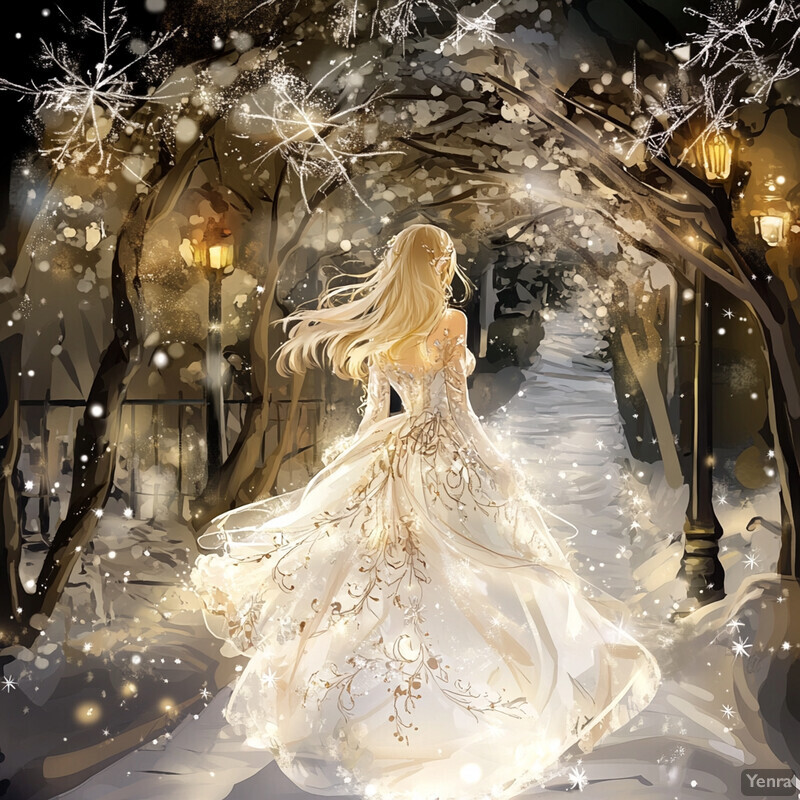 A serene winter scene featuring a Winterwood Nymph standing amidst snow-covered trees, surrounded by the essence of winter.