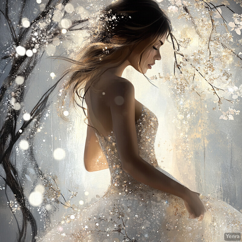 A serene winter wonderland scene featuring a woman in a sparkly dress surrounded by bare trees with white flowers.