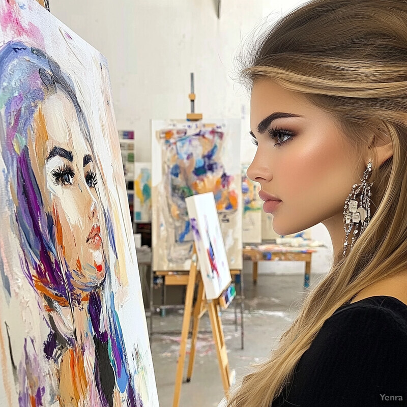 An artist stands in front of her artwork, gazing at the painting with a tilted head.