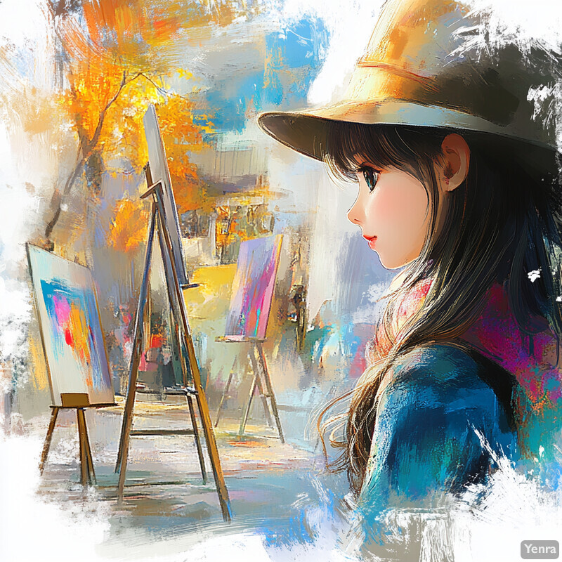 A young girl stands in front of an easel, looking at her artwork with a thoughtful expression.