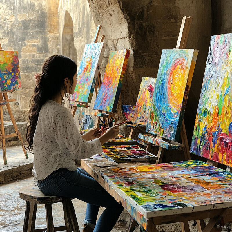 A young woman is painting in a room filled with natural light and surrounded by vibrant artwork.