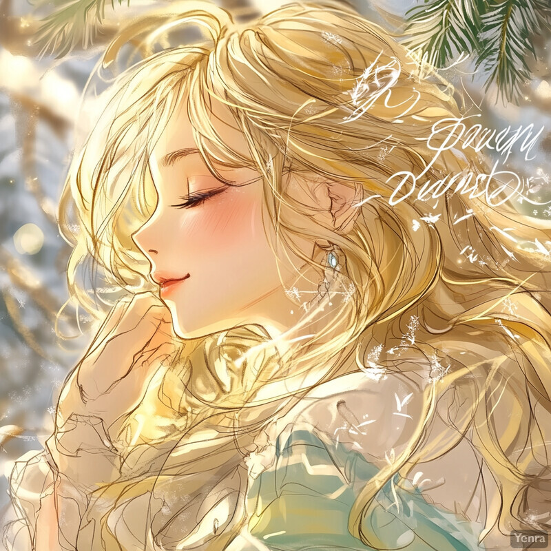 A serene and dreamy image featuring a woman with long blonde hair in a peaceful slumber, set against an outdoor backdrop with subtle hints of natural beauty.