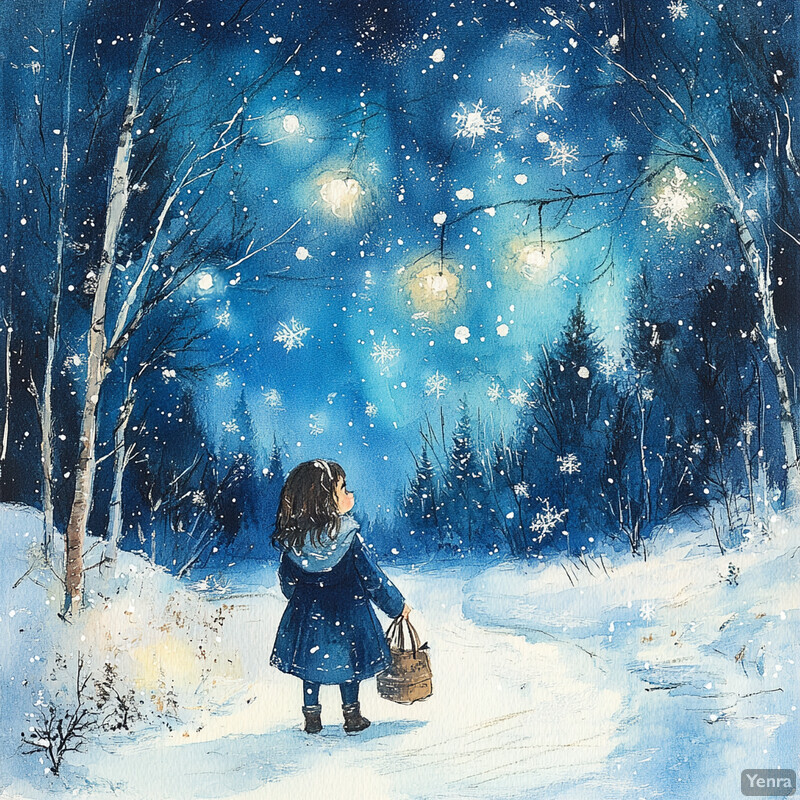 A young girl stands in a snowy winter scene, gazing up at falling snowflakes.