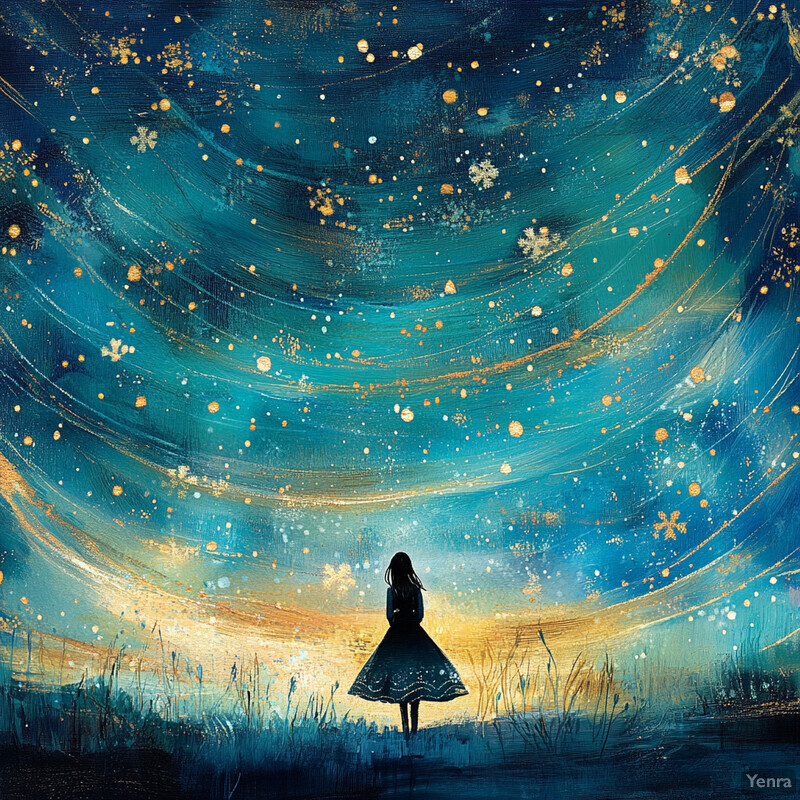 A girl stands in a field, gazing up at the star-filled sky.