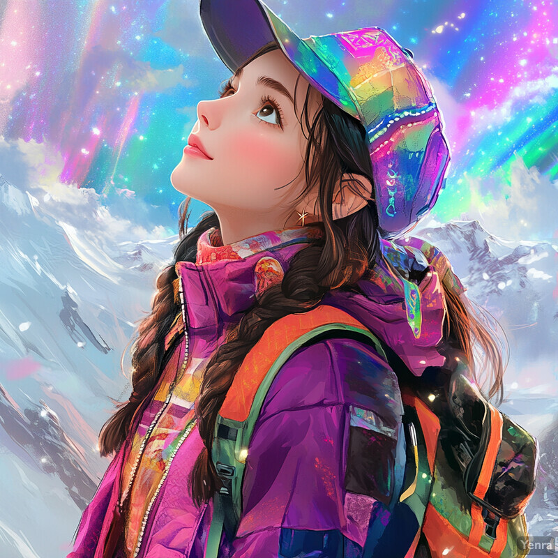 A young girl gazes upwards at a celestial event in a vibrant, otherworldly setting.