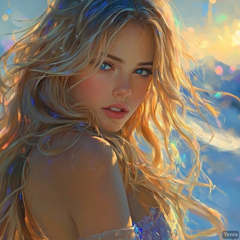 A serene and dreamy scene of a woman with long blonde hair