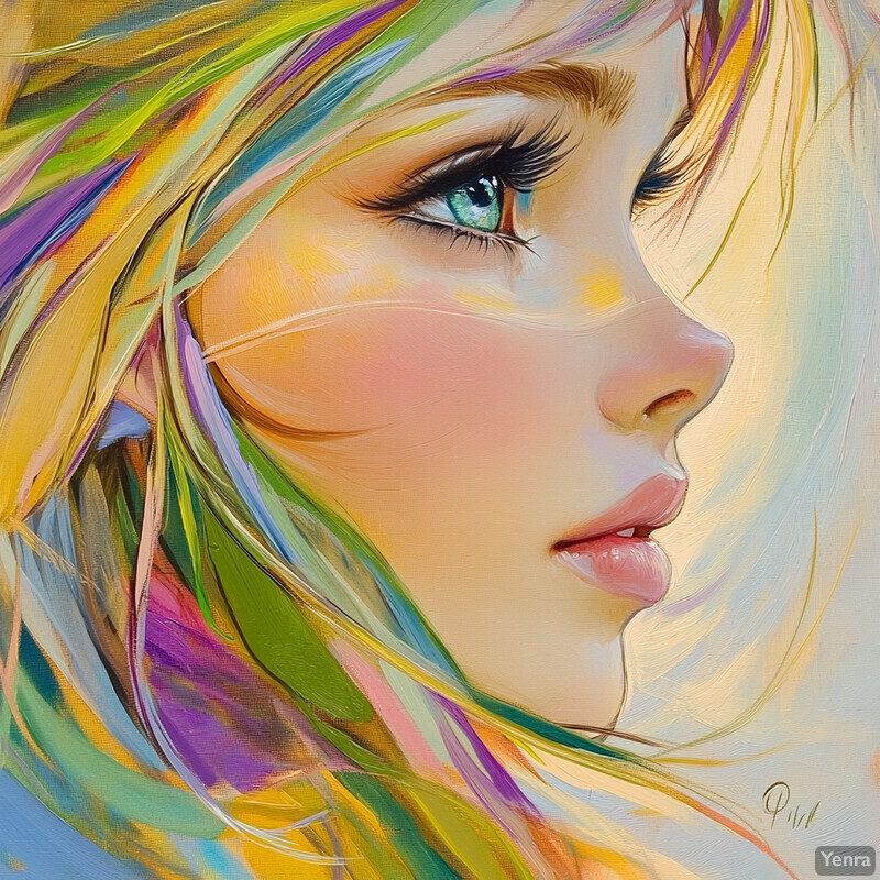 A digital painting of a woman's profile with long, flowing hair in various colors, showcasing her fair skin and striking features.