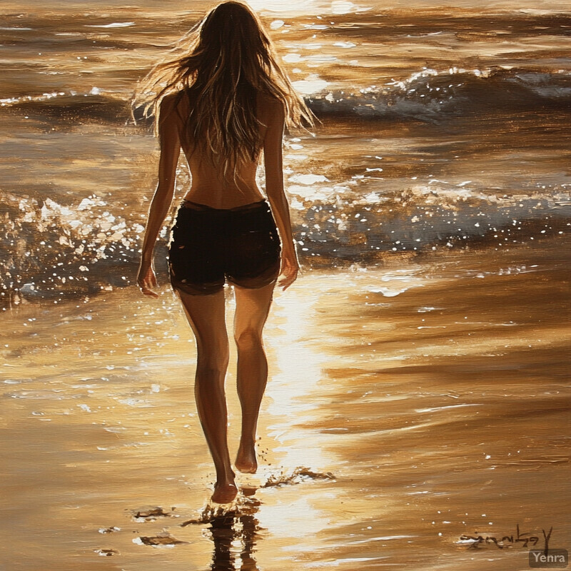 A woman walking along the beach at sunset.