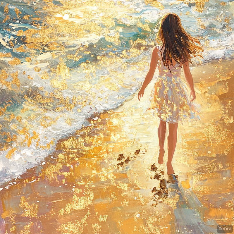 A young girl walks along a beach at sunset, surrounded by waves and sunlight.