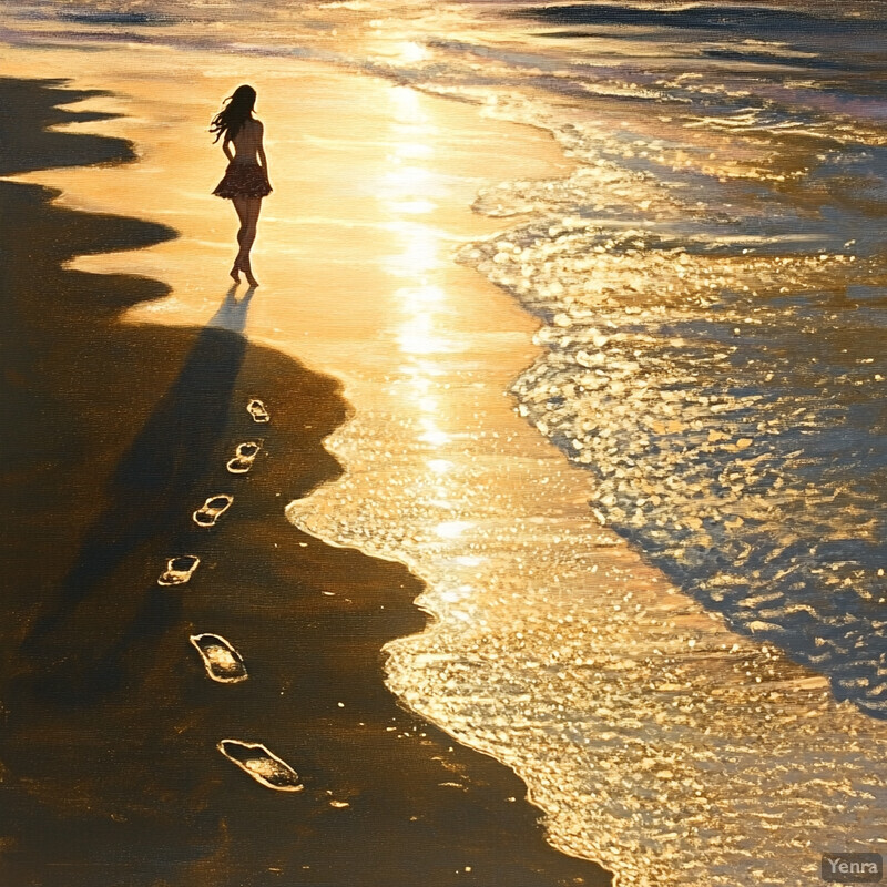 A serene beach scene at sunset, featuring a woman strolling along the shore.