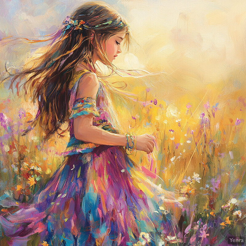 A young girl in a colorful Bohemian-style dress stands amidst wildflowers on a sunny day.