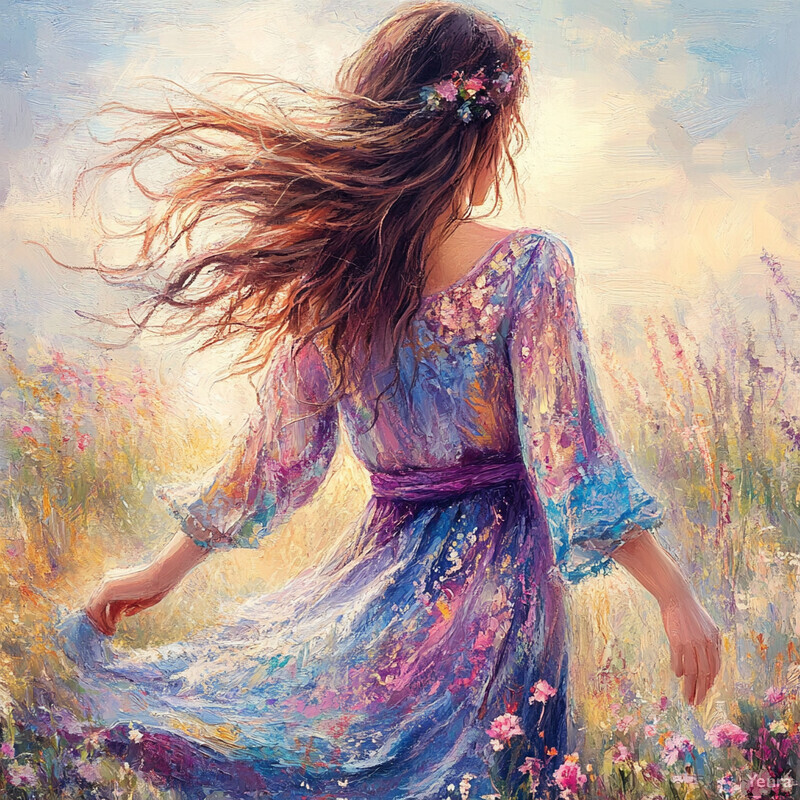 A woman in a flowing purple dress stands amidst a field of wildflowers on a bright sunny day.