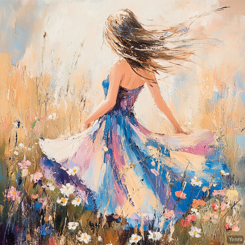 A woman in a flowing dress stands amidst tall grasses and wildflowers